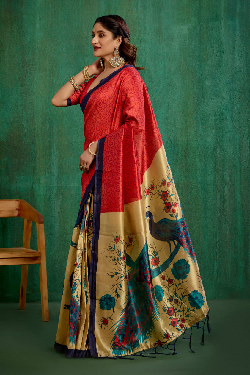 Shop Elegant Red Mysore Art Silk Printed Ready to Wear Saree Online - Best Prices