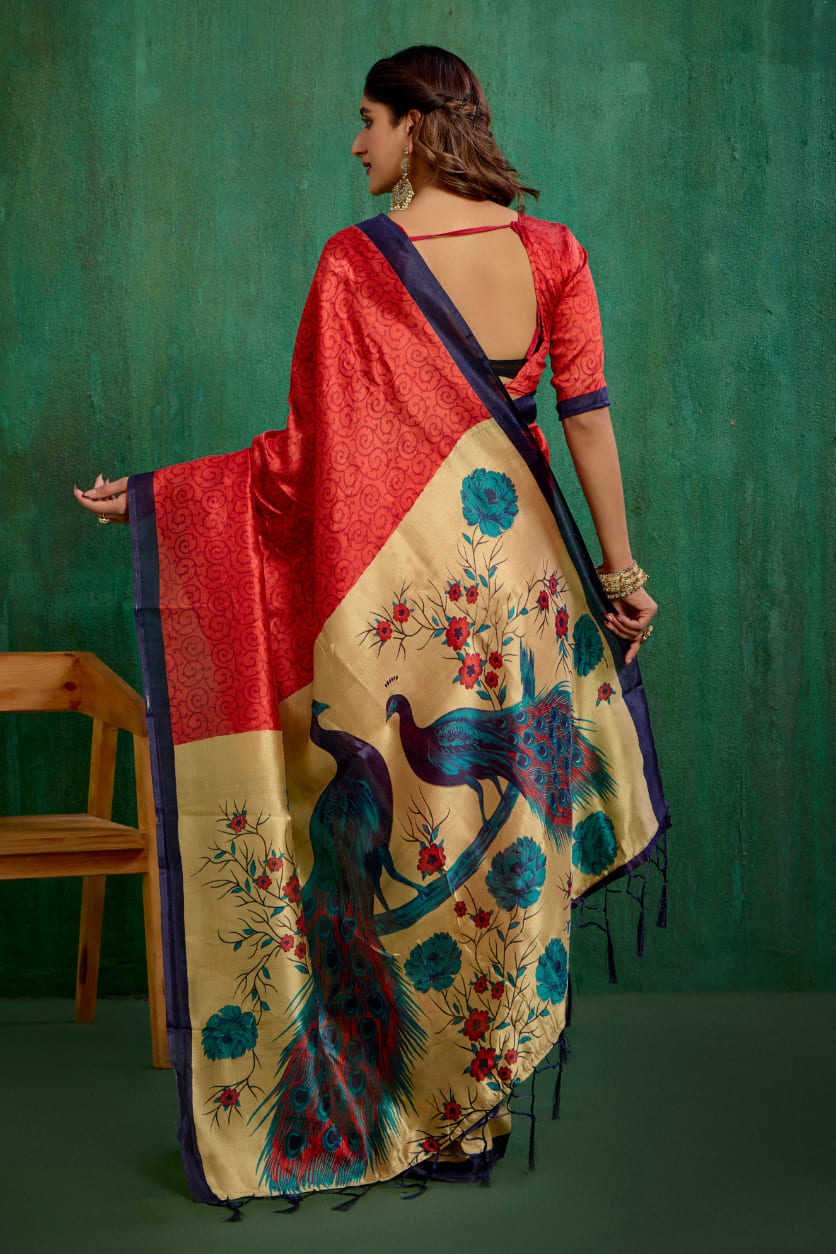 Shop Elegant Red Mysore Art Silk Printed Ready to Wear Saree Online - Best Prices