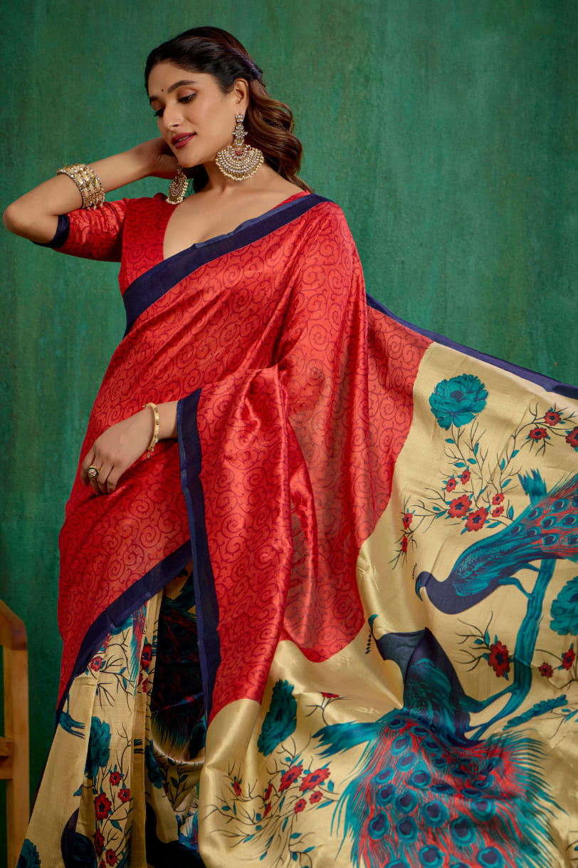 Shop Elegant Red Mysore Art Silk Printed Ready to Wear Saree Online - Best Prices