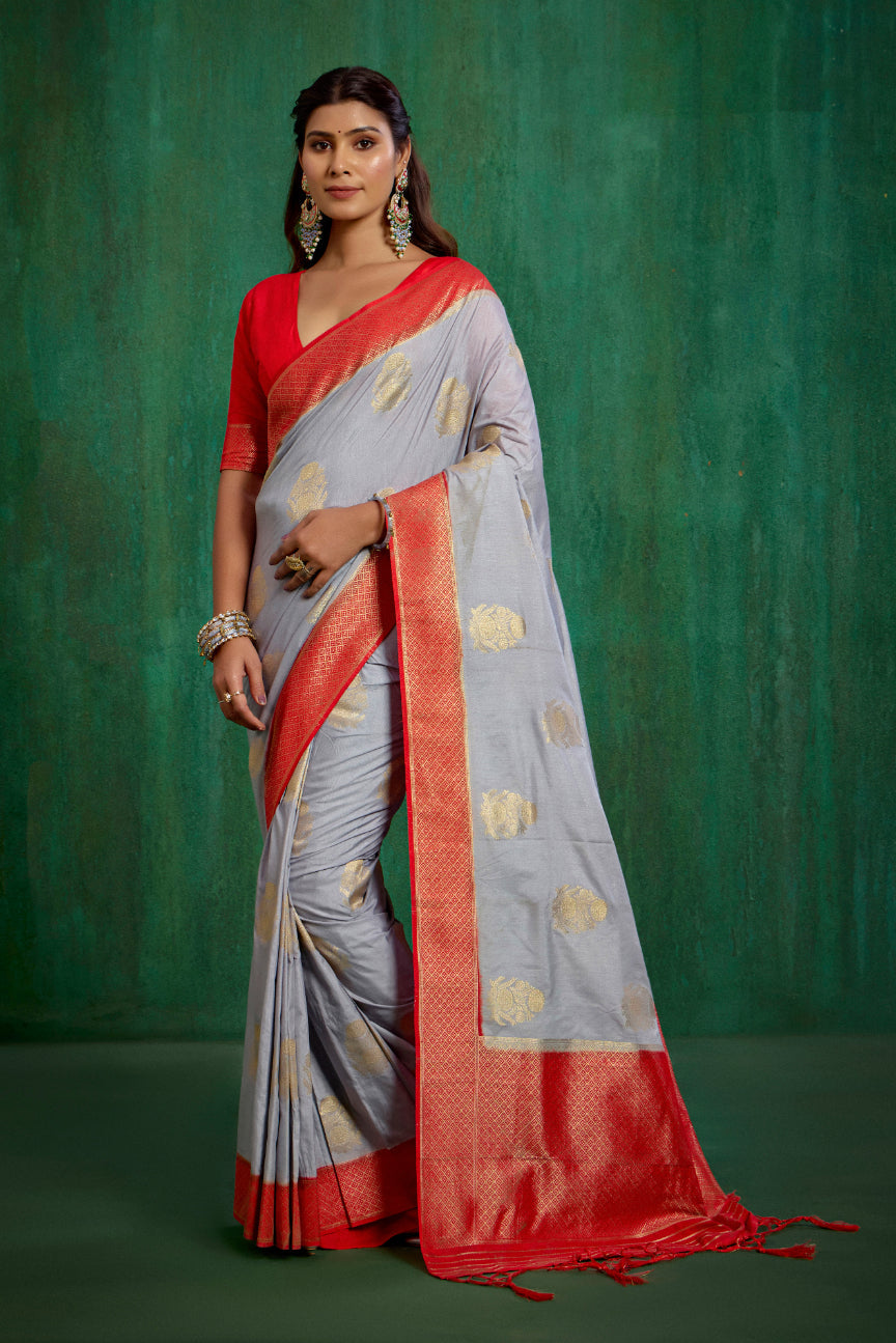 Shop Elegant Grey Banarasi Art Silk Woven Ready to Wear Saree Online - Best Prices