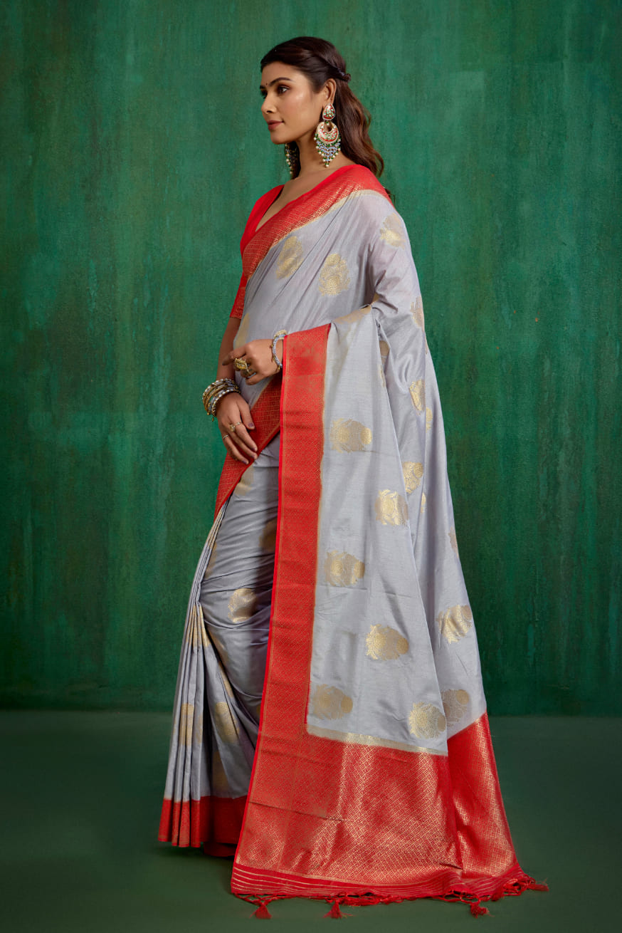 Shop Elegant Grey Banarasi Art Silk Woven Ready to Wear Saree Online - Best Prices