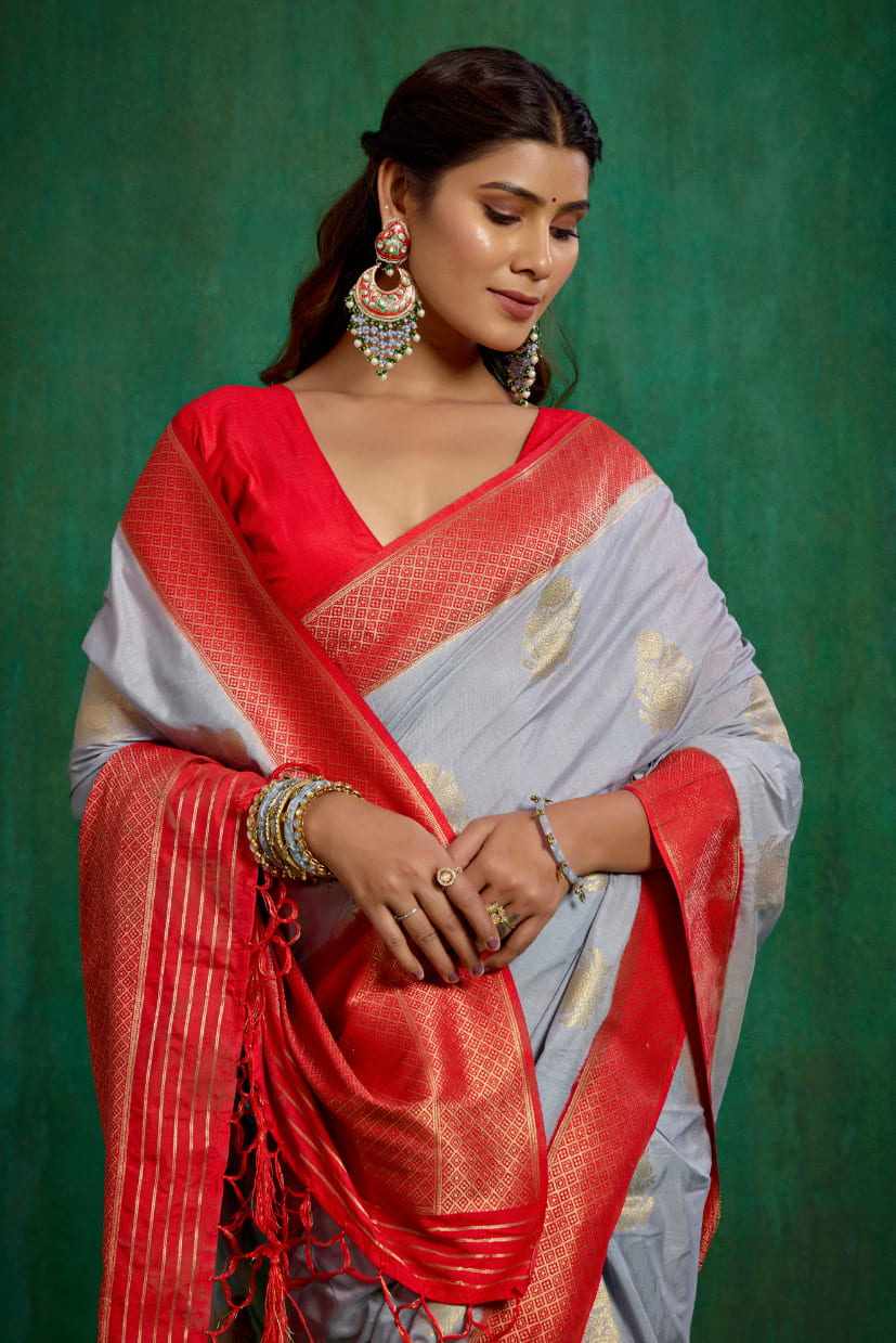 Shop Elegant Grey Banarasi Art Silk Woven Ready to Wear Saree Online - Best Prices