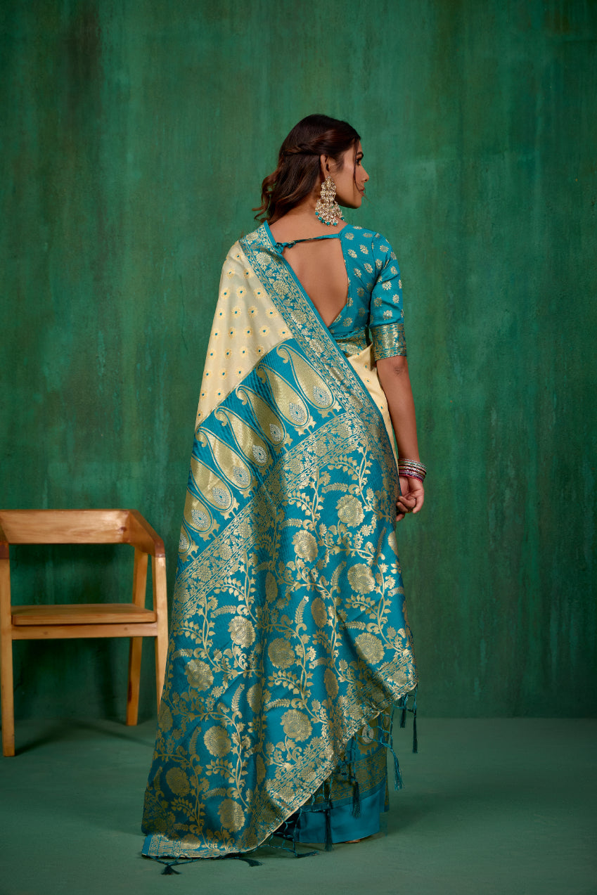 Shop Elegant Off White Banarasi Art Silk Woven Ready to Wear Saree Online - Best Prices