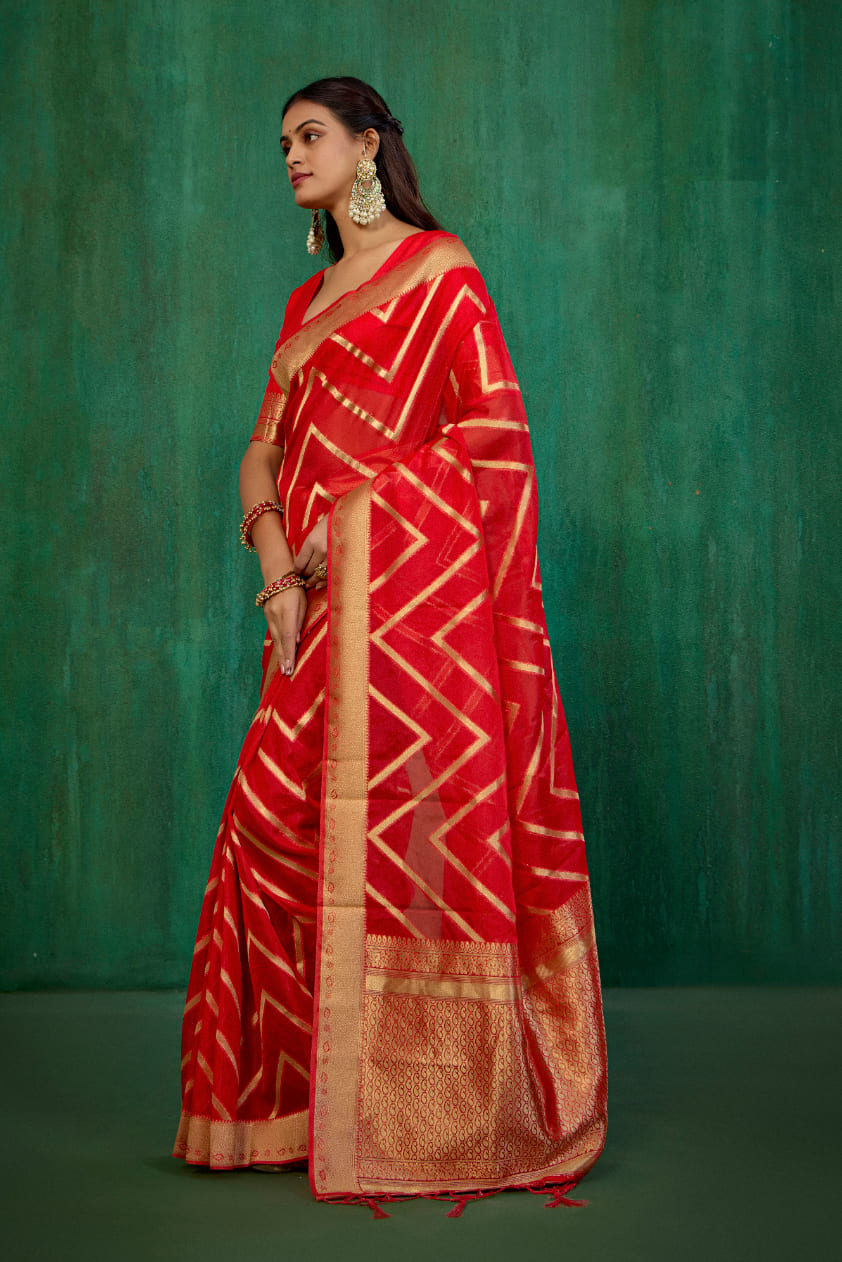 Shop Elegant Red Organza Silk Woven Ready to Wear Saree - Perfect for Any Occasion