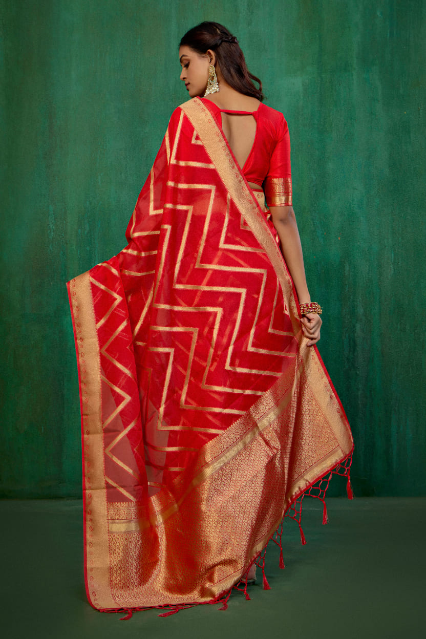 Shop Elegant Red Organza Silk Woven Ready to Wear Saree - Perfect for Any Occasion