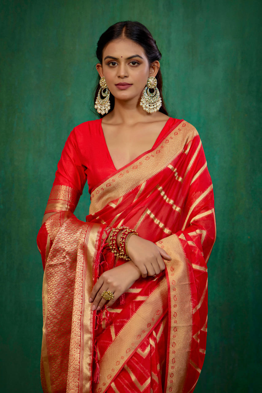 Shop Elegant Red Organza Silk Woven Ready to Wear Saree - Perfect for Any Occasion