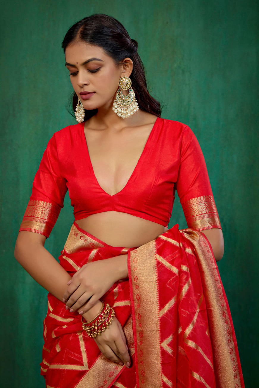 Shop Elegant Red Organza Silk Woven Ready to Wear Saree - Perfect for Any Occasion