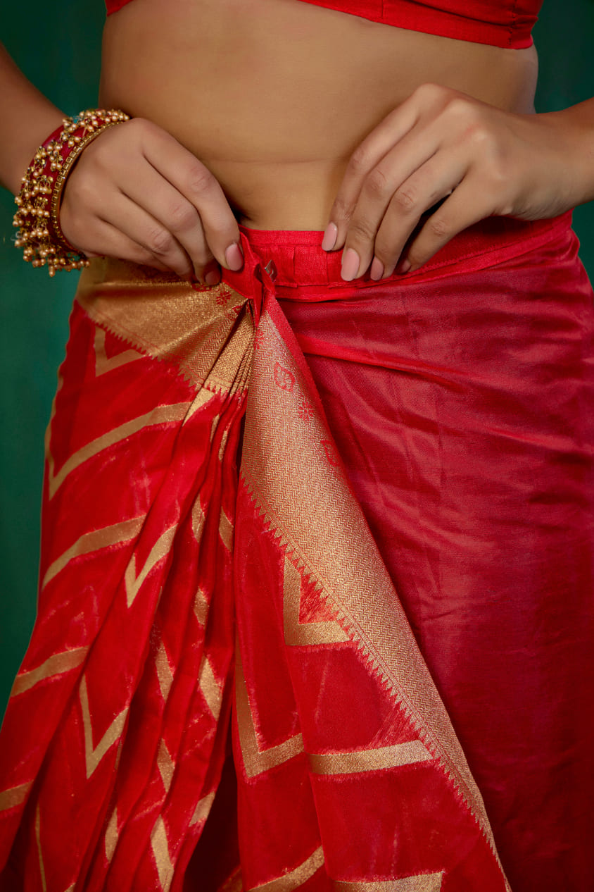 Shop Elegant Red Organza Silk Woven Ready to Wear Saree - Perfect for Any Occasion