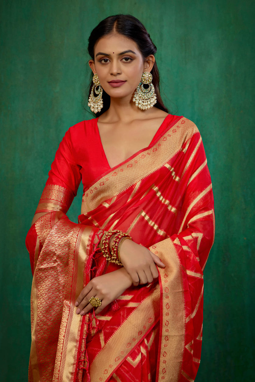 Shop Elegant Red Organza Silk Woven Ready to Wear Saree - Perfect for Any Occasion