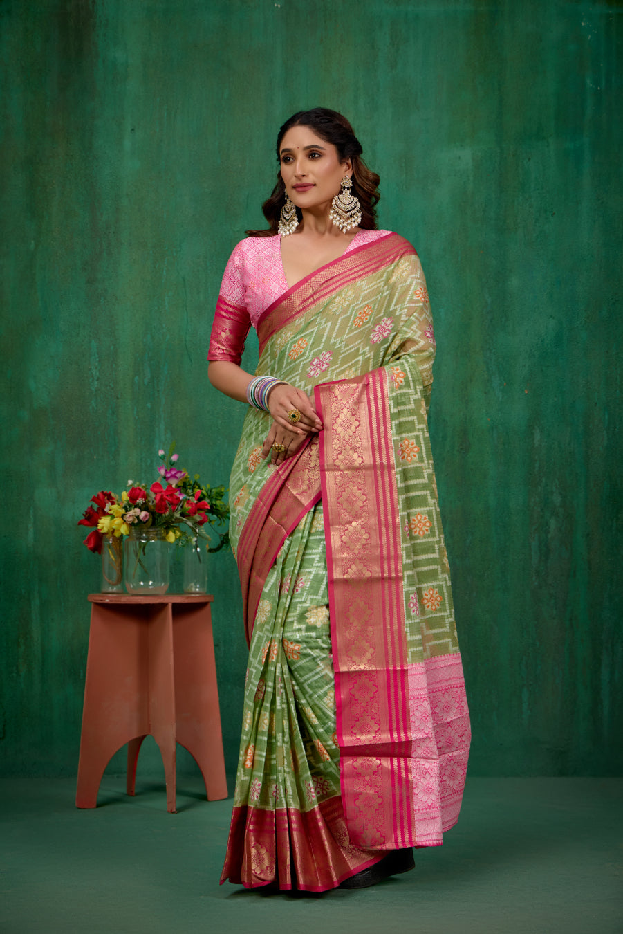 Elegant Green Cotton Silk Woven Ready to Wear Saree - Perfect for Any Occasion