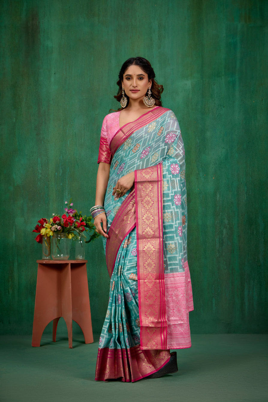 Elegant Teal Cotton Silk Woven Ready to Wear Saree - Perfect for Any Occasion