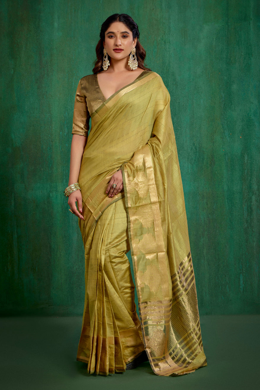 Elegant Olive Green Cotton Silk Woven Ready to Wear Saree - Perfect for Any Occasion