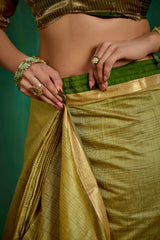 Elegant Olive Green Cotton Silk Woven Ready to Wear Saree - Perfect for Any Occasion