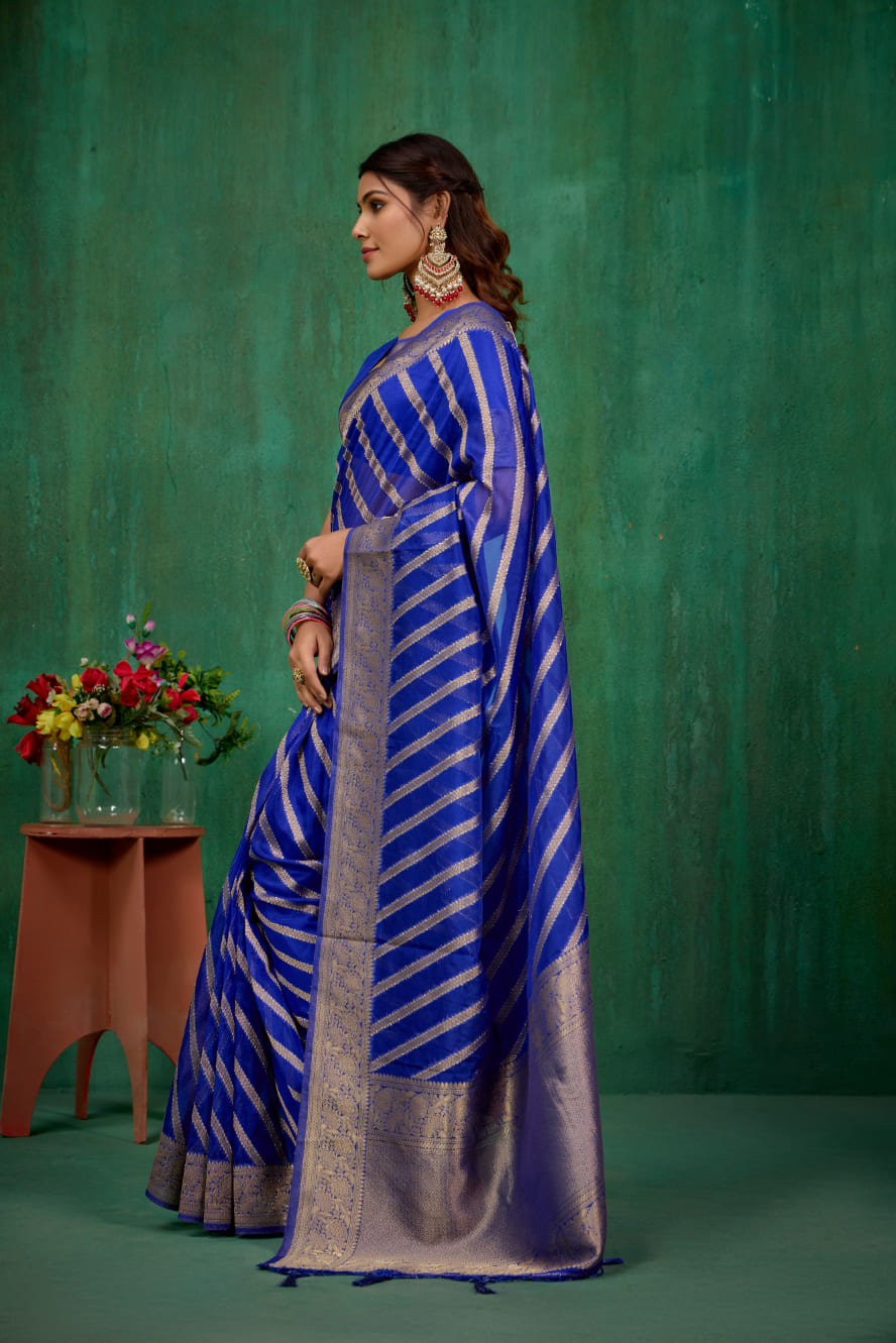 Shop Elegant Blue Organza Silk Woven Ready to Wear Saree - Perfect for Any Occasion