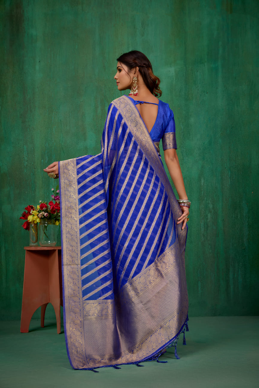 Shop Elegant Blue Organza Silk Woven Ready to Wear Saree - Perfect for Any Occasion