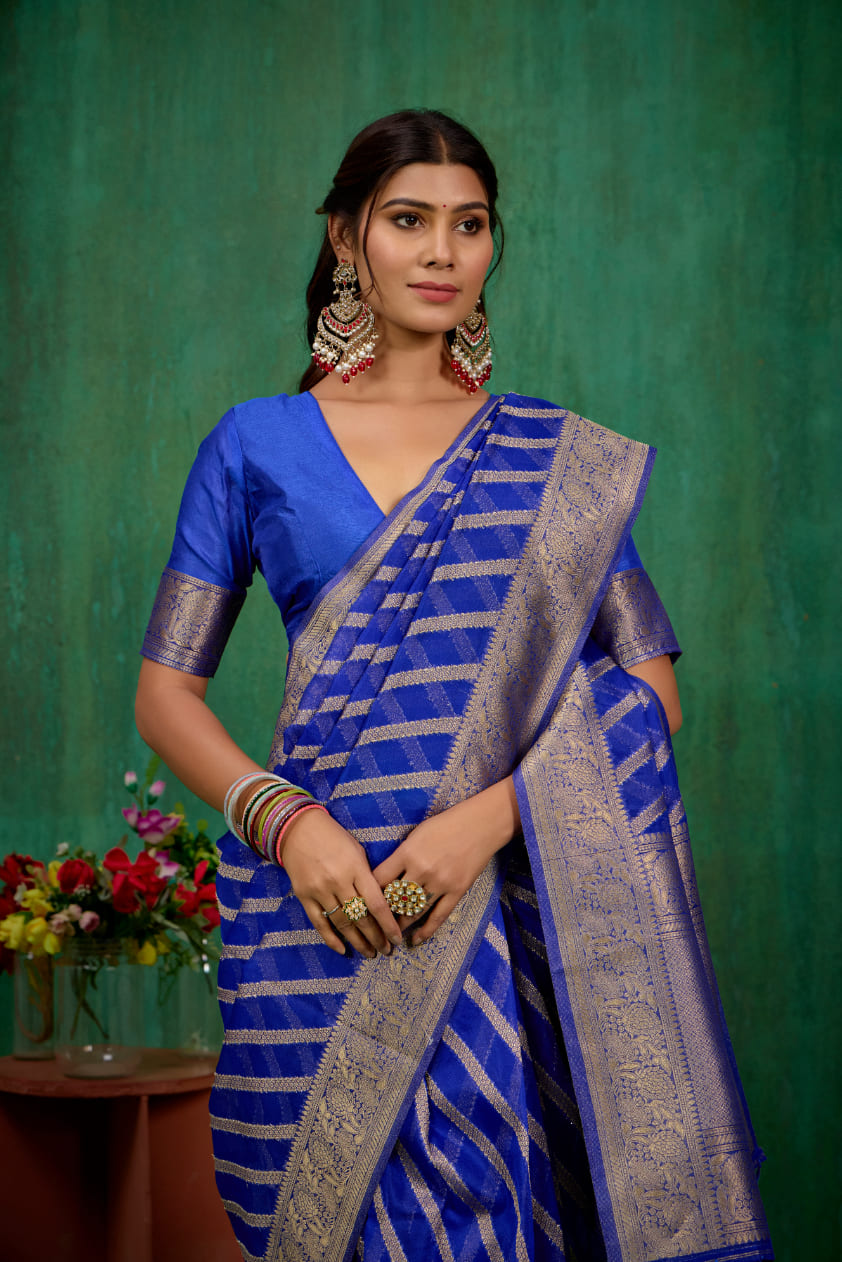 Shop Elegant Blue Organza Silk Woven Ready to Wear Saree - Perfect for Any Occasion