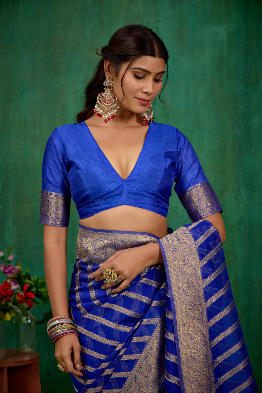 Shop Elegant Blue Organza Silk Woven Ready to Wear Saree - Perfect for Any Occasion