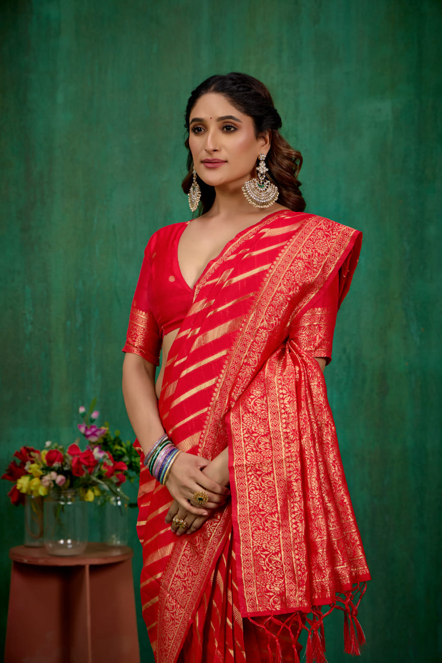 Shop Elegant Red Banarasi Art Silk Woven Ready to Wear Saree Online - Best Prices