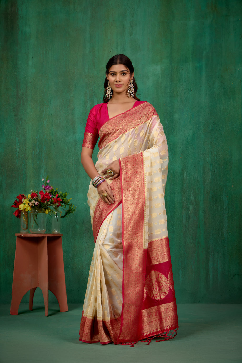 Shop Elegant Cream Organza Woven Ready-to-Wear Sarees Online - Best Prices & Styles