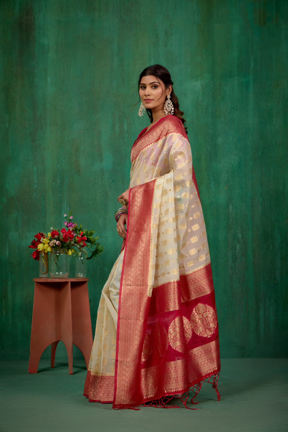 Shop Elegant Cream Organza Woven Ready-to-Wear Sarees Online - Best Prices & Styles