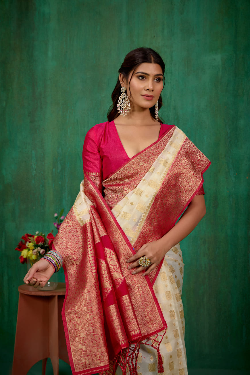 Shop Elegant Cream Organza Woven Ready-to-Wear Sarees Online - Best Prices & Styles