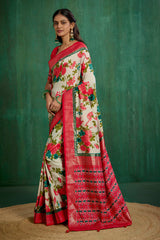 Elegant Cream Cotton Silk Floral Print Ready to Wear Saree - Shop Now!