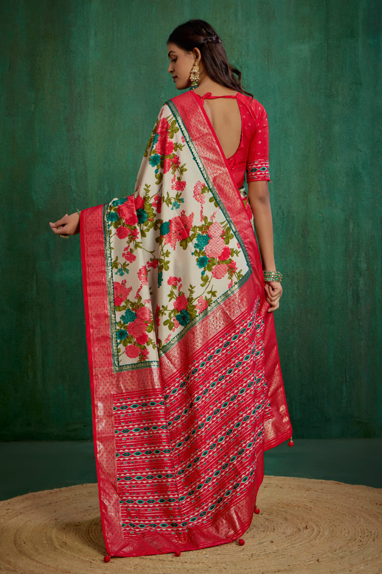 Elegant Cream Cotton Silk Floral Print Ready to Wear Saree - Shop Now!