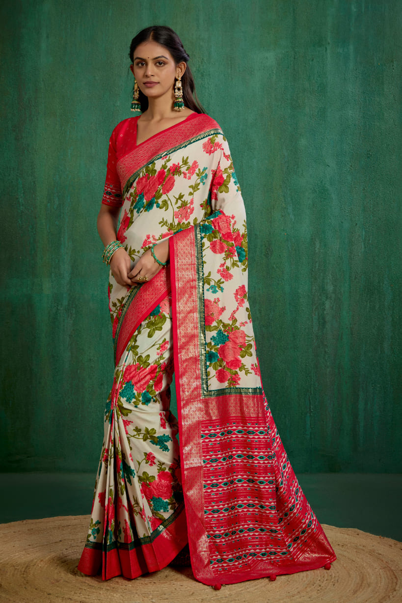 Elegant Cream Cotton Silk Floral Print Ready to Wear Saree - Shop Now!