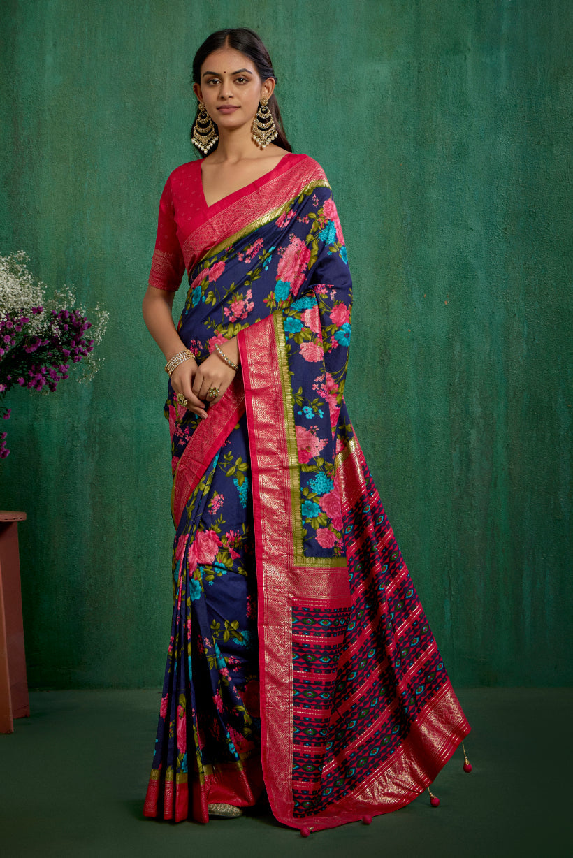 Elegant Grey Cotton Silk Floral Print Ready to Wear Saree - Shop Now!