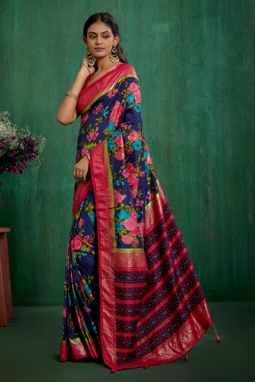 Elegant Grey Cotton Silk Floral Print Ready to Wear Saree - Shop Now!