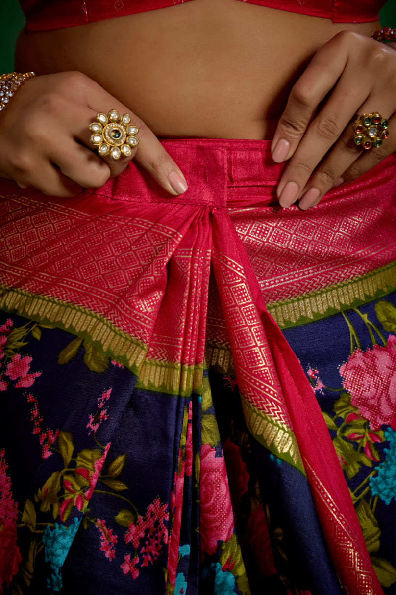 Elegant Grey Cotton Silk Floral Print Ready to Wear Saree - Shop Now!