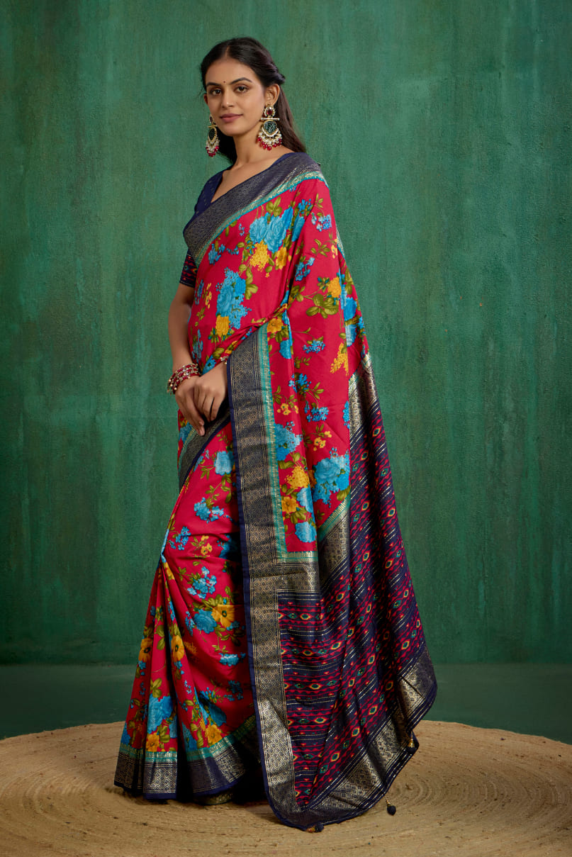 Elegant Burgundy Cotton Silk Floral Print Ready to Wear Saree - Shop Now!