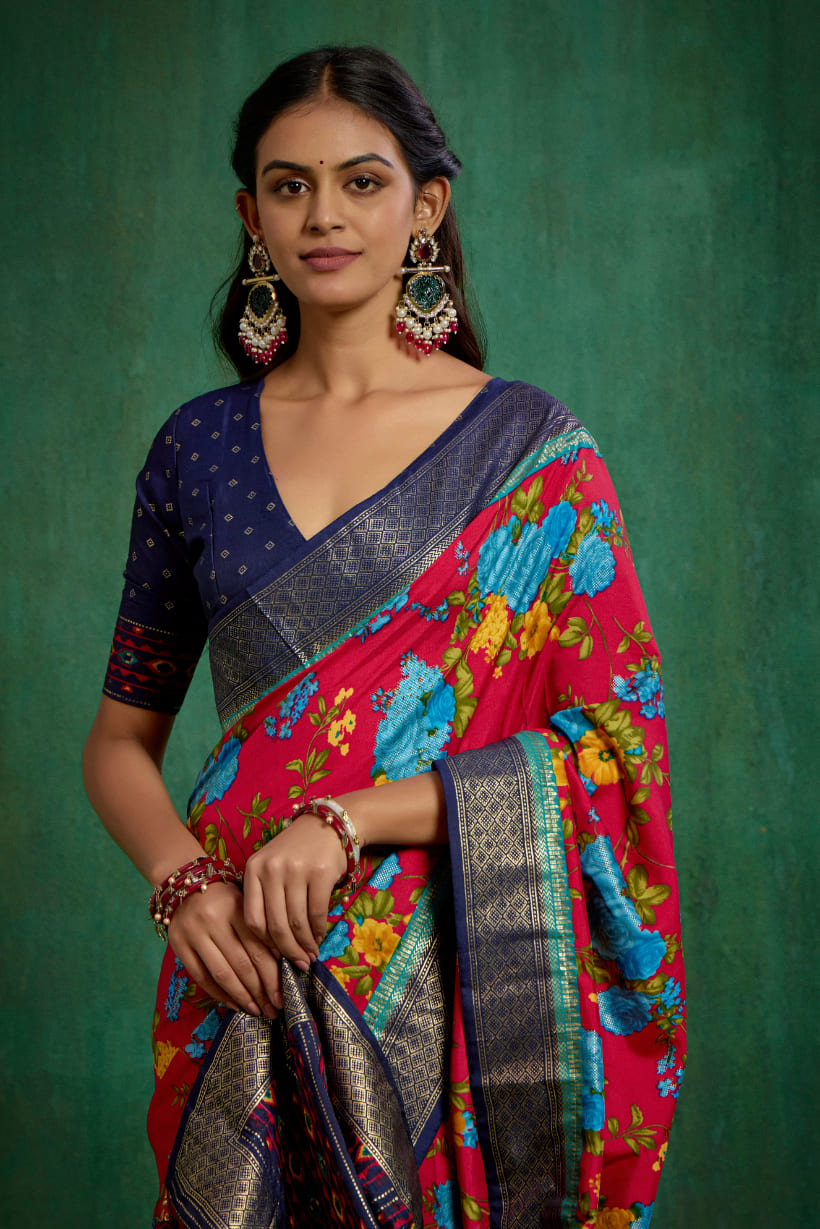 Elegant Burgundy Cotton Silk Floral Print Ready to Wear Saree - Shop Now!