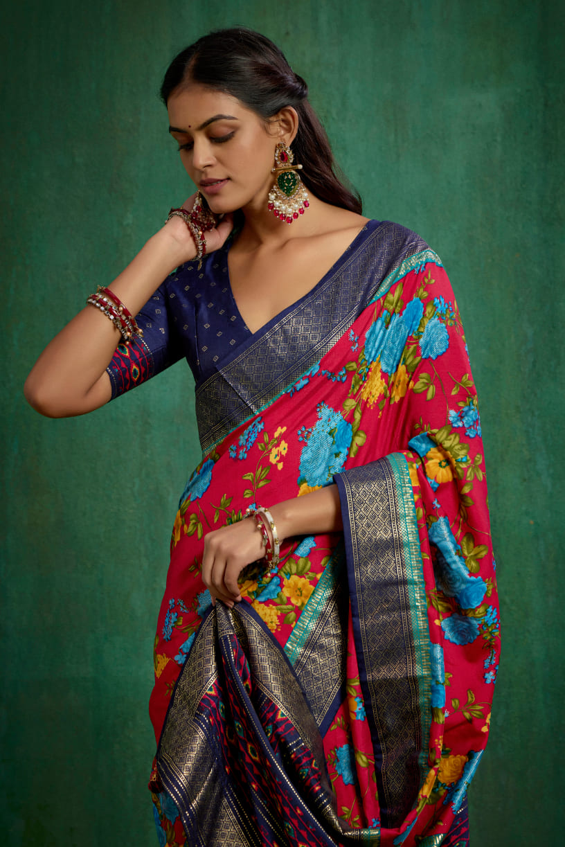 Elegant Burgundy Cotton Silk Floral Print Ready to Wear Saree - Shop Now!