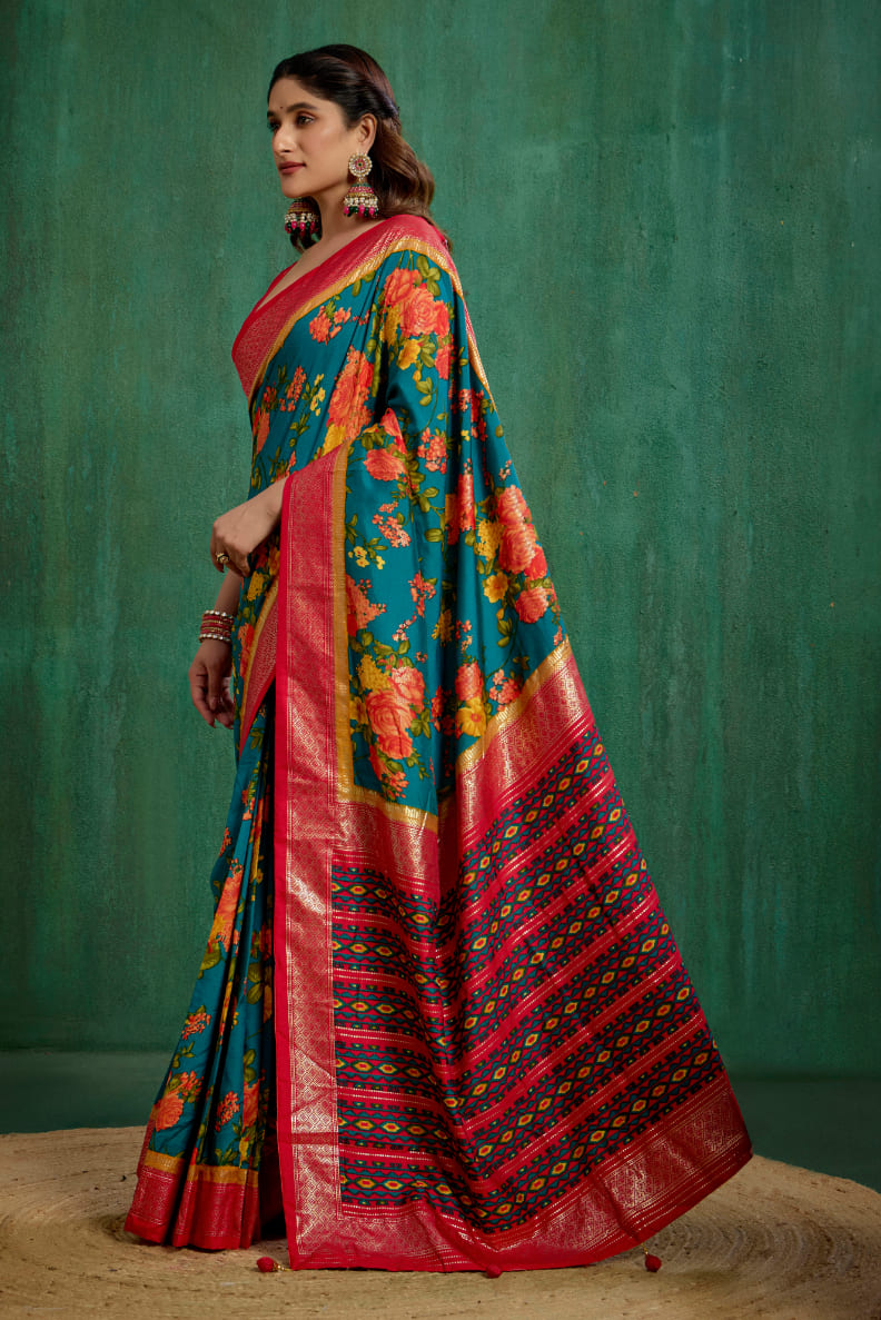 Elegant Green Cotton Silk Floral Print Ready to Wear Saree - Shop Now!