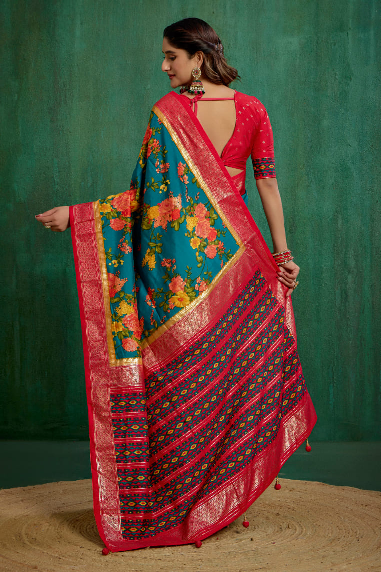 Elegant Green Cotton Silk Floral Print Ready to Wear Saree - Shop Now!