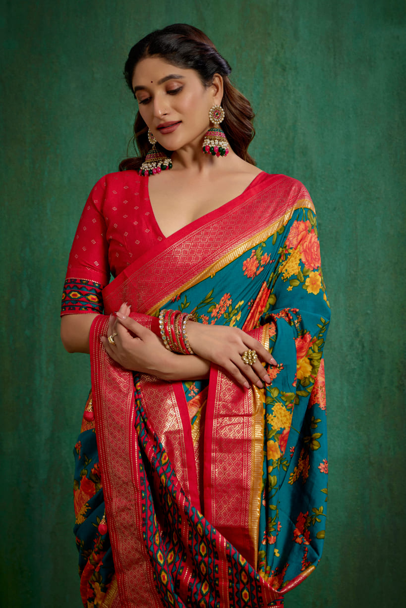 Elegant Green Cotton Silk Floral Print Ready to Wear Saree - Shop Now!