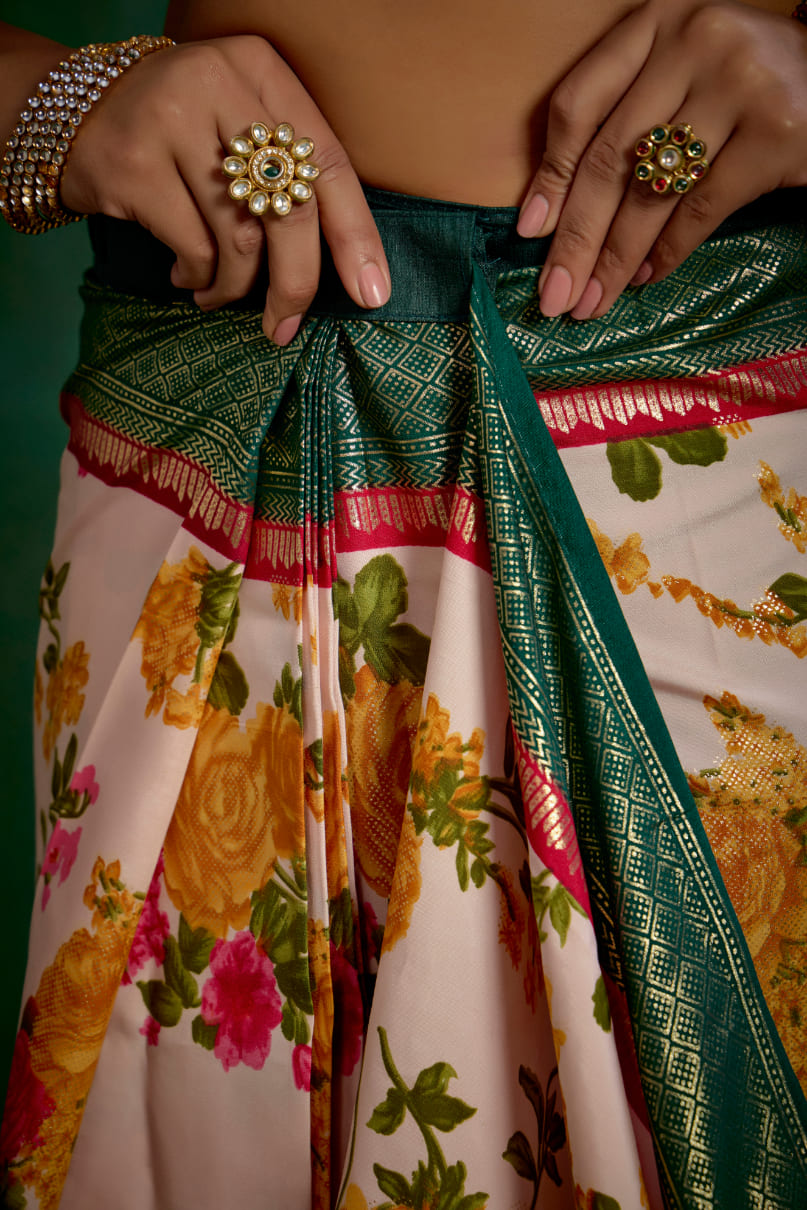 Elegant Rose Gold Cotton Silk Floral Print Ready to Wear Saree - Shop Now!