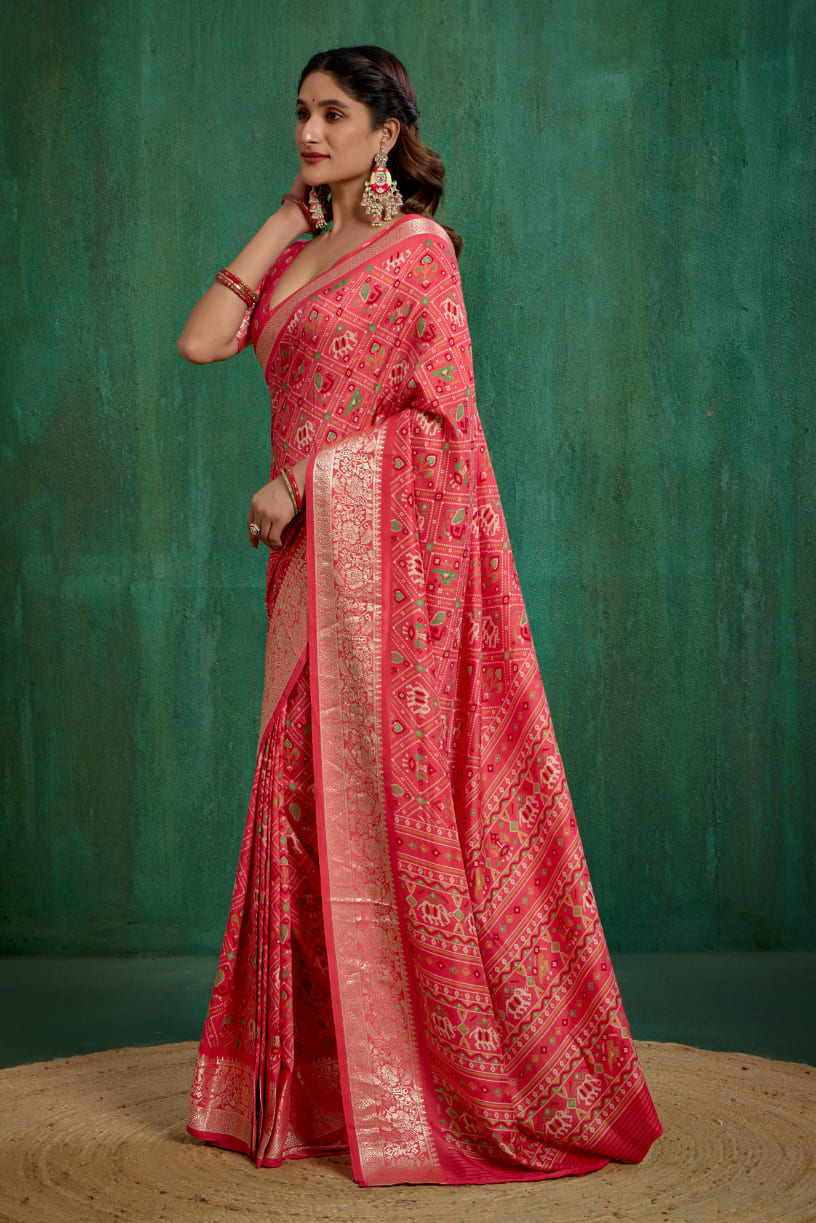 Buy Peach Cotton Silk Patola Print Ready to Wear Saree Online - Stylish & Affordable