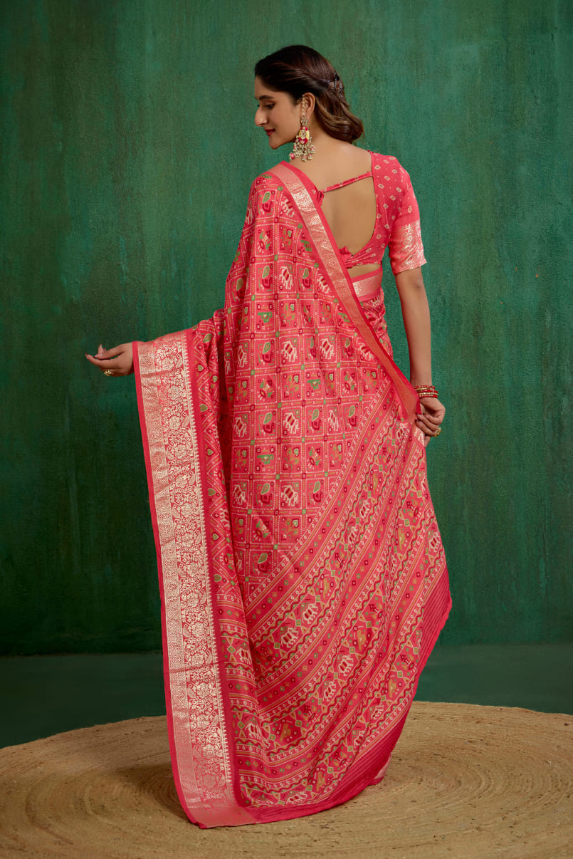 Buy Peach Cotton Silk Patola Print Ready to Wear Saree Online - Stylish & Affordable