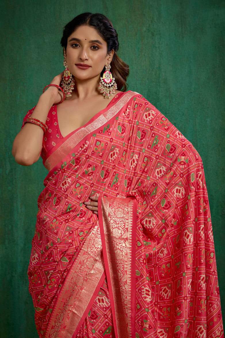 Buy Peach Cotton Silk Patola Print Ready to Wear Saree Online - Stylish & Affordable