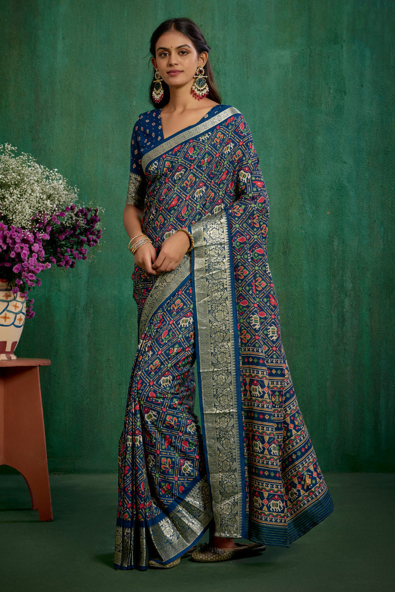 Buy Cotton Silk Blue Patola Print Ready to Wear Saree Online - Stylish & Affordable