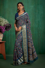 Buy Cotton Silk Blue Patola Print Ready to Wear Saree Online - Stylish & Affordable