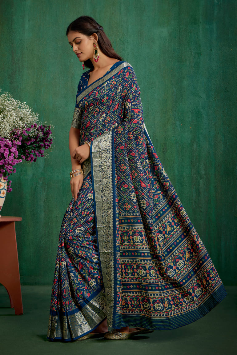 Buy Cotton Silk Blue Patola Print Ready to Wear Saree Online - Stylish & Affordable