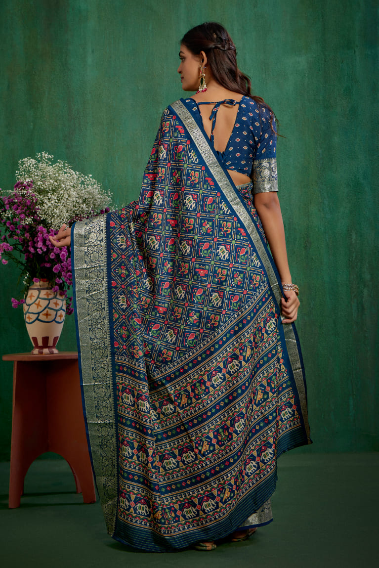 Buy Cotton Silk Blue Patola Print Ready to Wear Saree Online - Stylish & Affordable