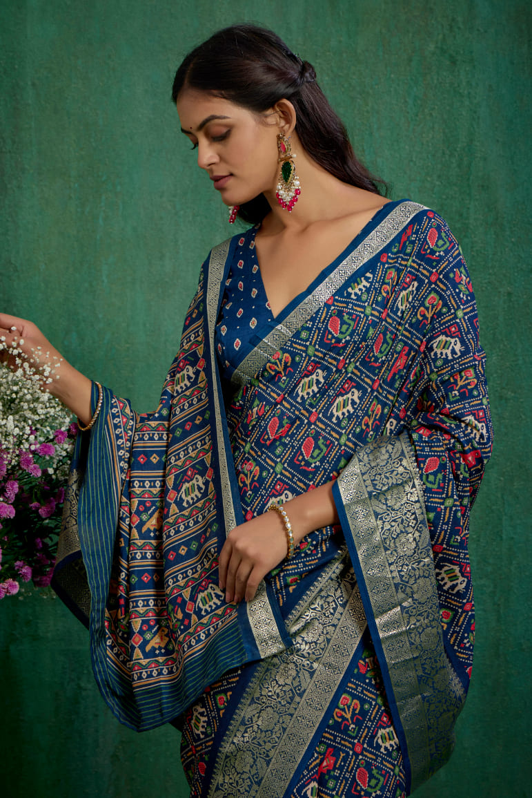 Buy Cotton Silk Blue Patola Print Ready to Wear Saree Online - Stylish & Affordable