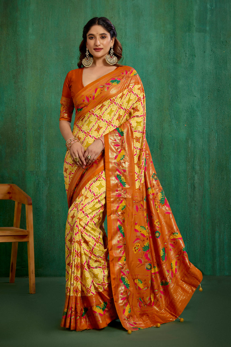 Shop Cotton Silk Orange Yellow Ikkat Print Ready to Wear Saree - Elegant & Comfortable Styles