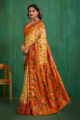 Shop Cotton Silk Orange Yellow Ikkat Print Ready to Wear Saree - Elegant & Comfortable Styles