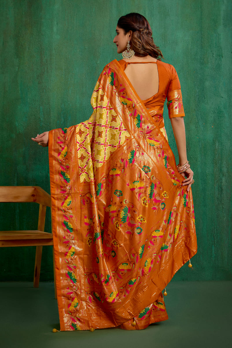 Shop Cotton Silk Orange Yellow Ikkat Print Ready to Wear Saree - Elegant & Comfortable Styles