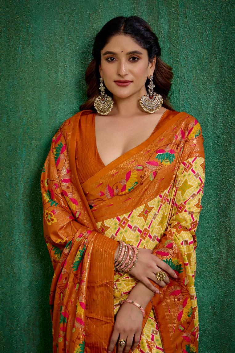 Shop Cotton Silk Orange Yellow Ikkat Print Ready to Wear Saree - Elegant & Comfortable Styles